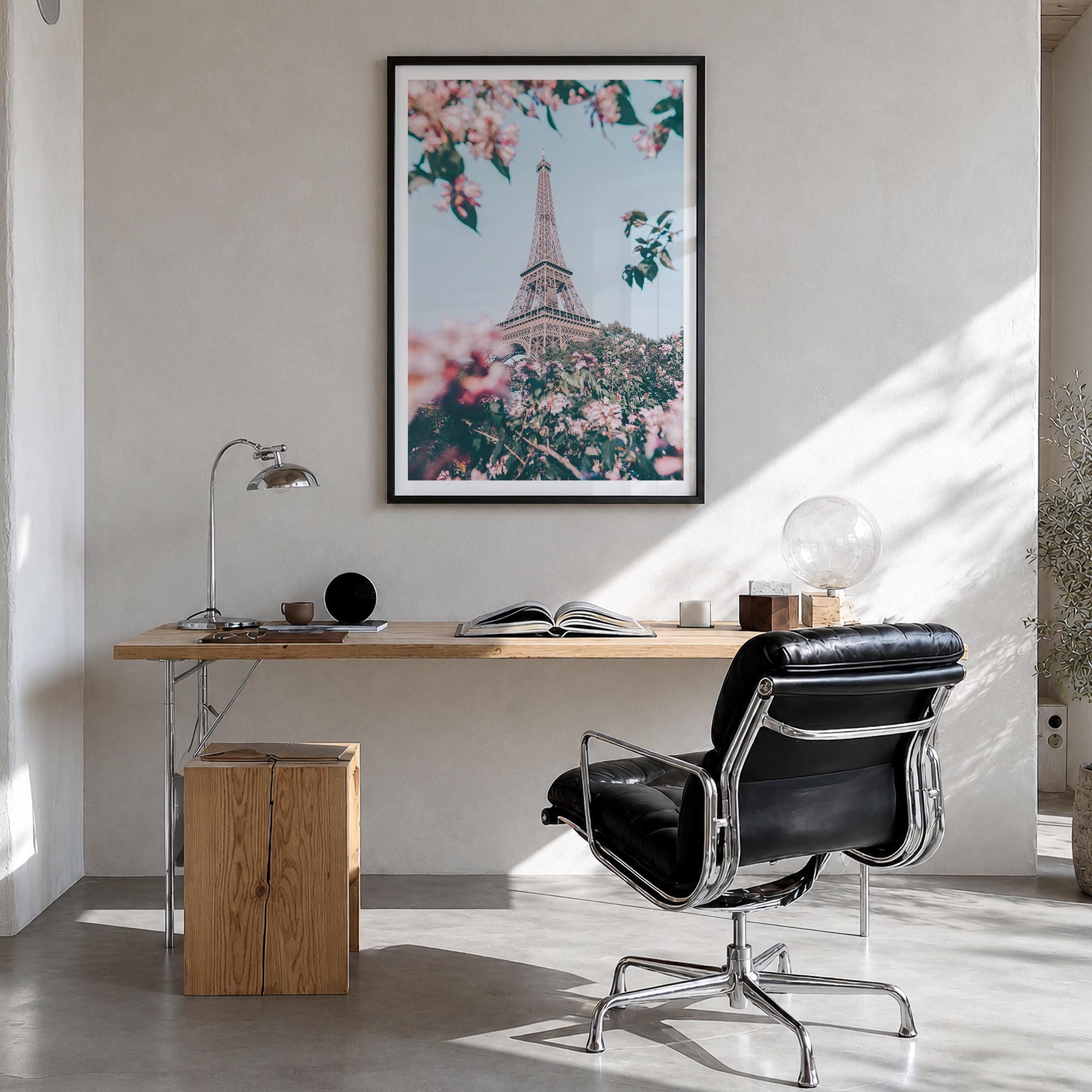 Eiffel Tower no. 3 colorful photo poster of France – vertical wall art in black wood frame with white border, hanging on wall