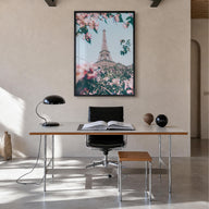 Eiffel Tower no. 3 colorful photo poster of France – vertical wall art in black wood frame, hanging on wall