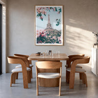 Eiffel Tower no. 3 colorful photo poster of France – vertical wall art in natural wood frame with white border, hanging on wa