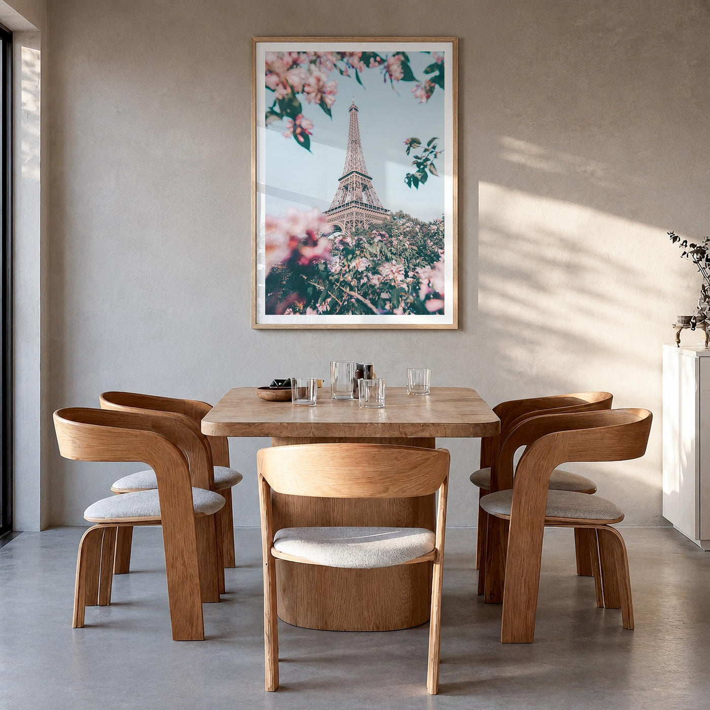 Eiffel Tower no. 3 colorful photo poster of France – vertical wall art in natural wood frame with white border, hanging on wa