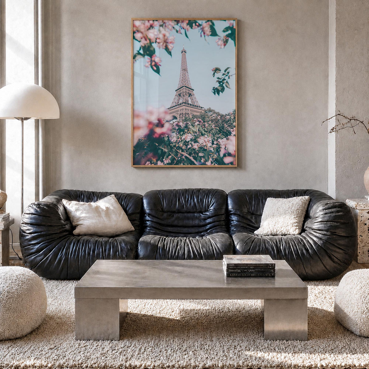 Eiffel Tower no. 3 colorful photo poster of France – vertical wall art in natural wood frame, hanging on wall