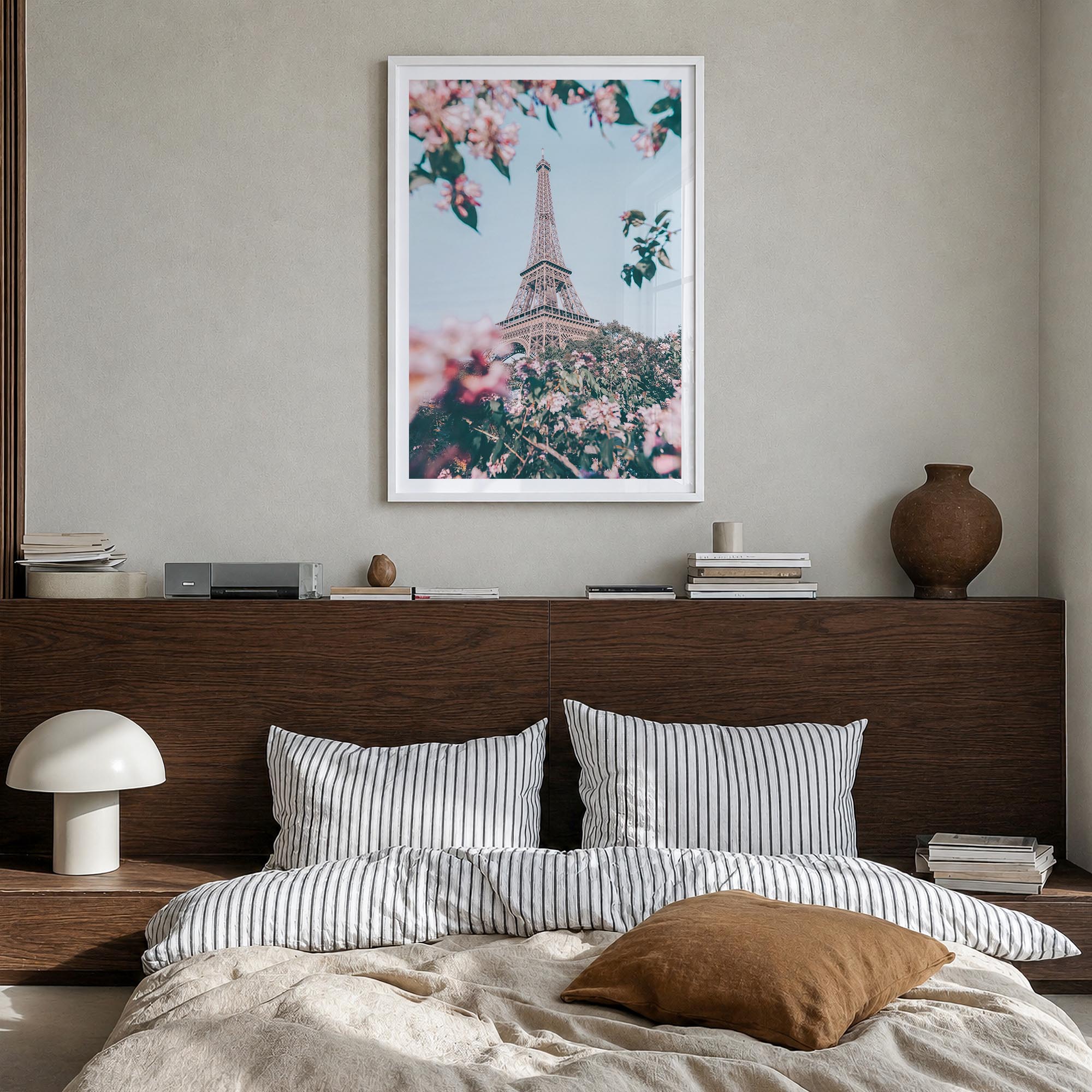Eiffel Tower no. 3 colorful photo poster of France – vertical wall art in white wood frame with white border, hanging on wall