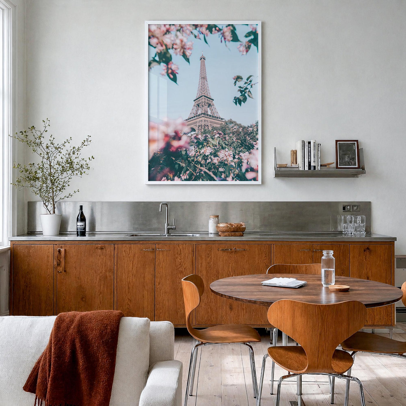 Eiffel Tower no. 3 colorful photo poster of France – vertical wall art in white wood frame, hanging on wall