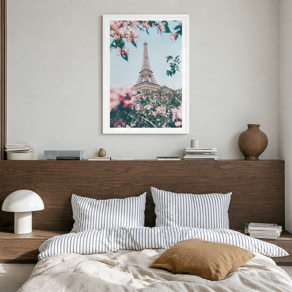 Eiffel Tower Photo No 3 Poster in a white wood frame, hanging in a bedroom, white border