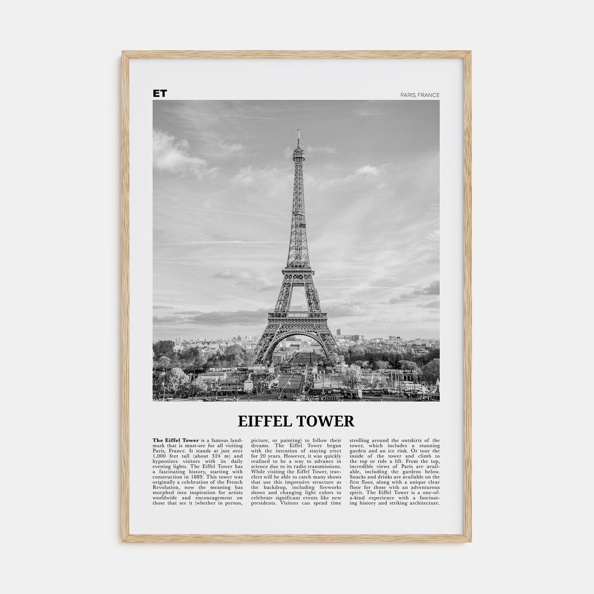 Eiffel Tower Poster Natural Wood / 8x12 in Nbourhood Travel B&W Poster