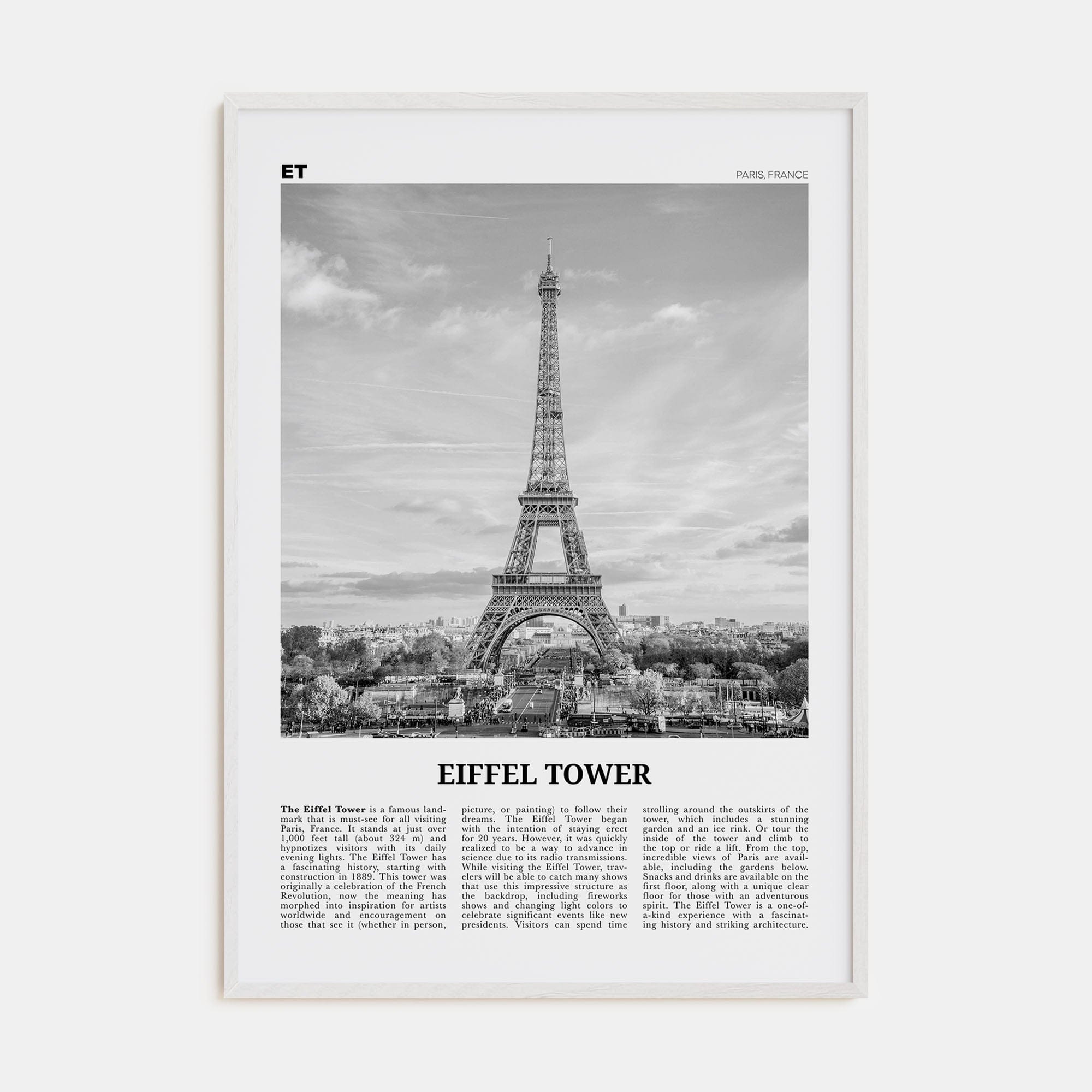 Eiffel Tower Poster White Wood / 8x12 in Nbourhood Travel B&W Poster