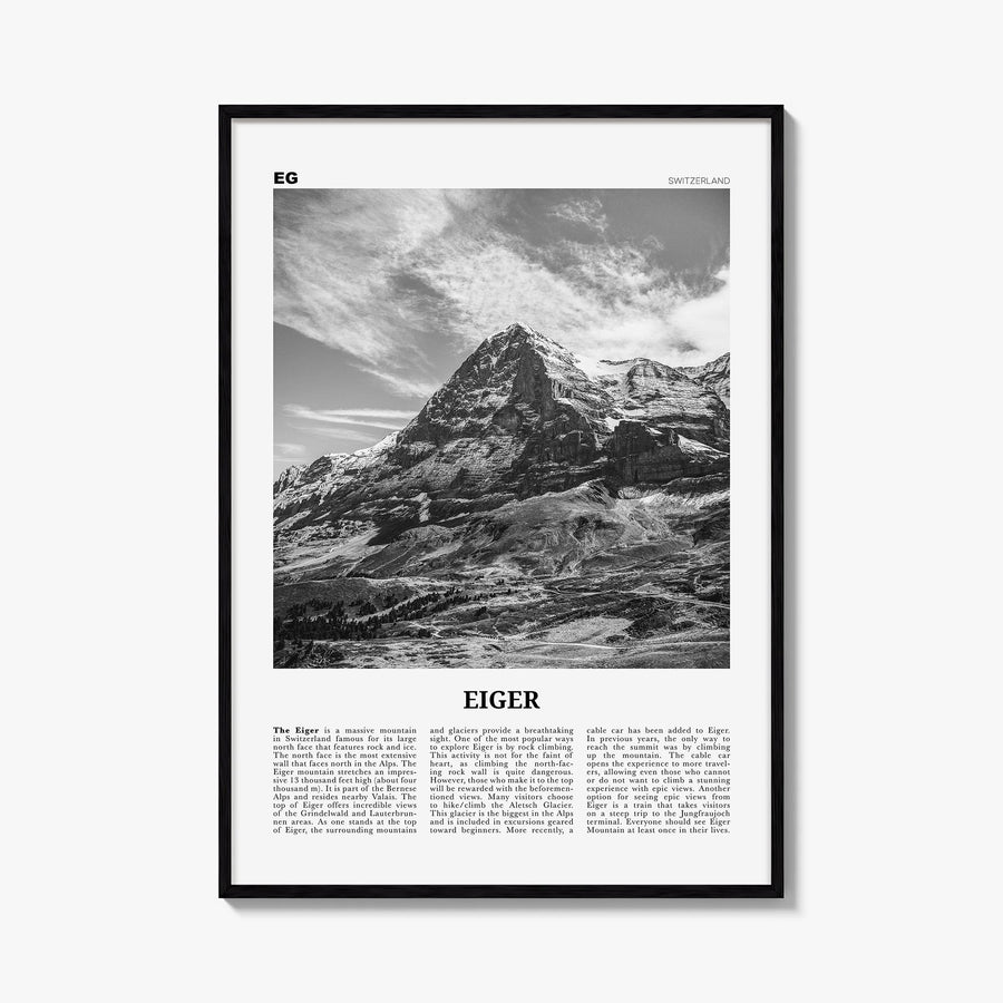 Eiger black & white newspaper poster of Switzerland – vertical wall art, unframed print shown in interior mockup