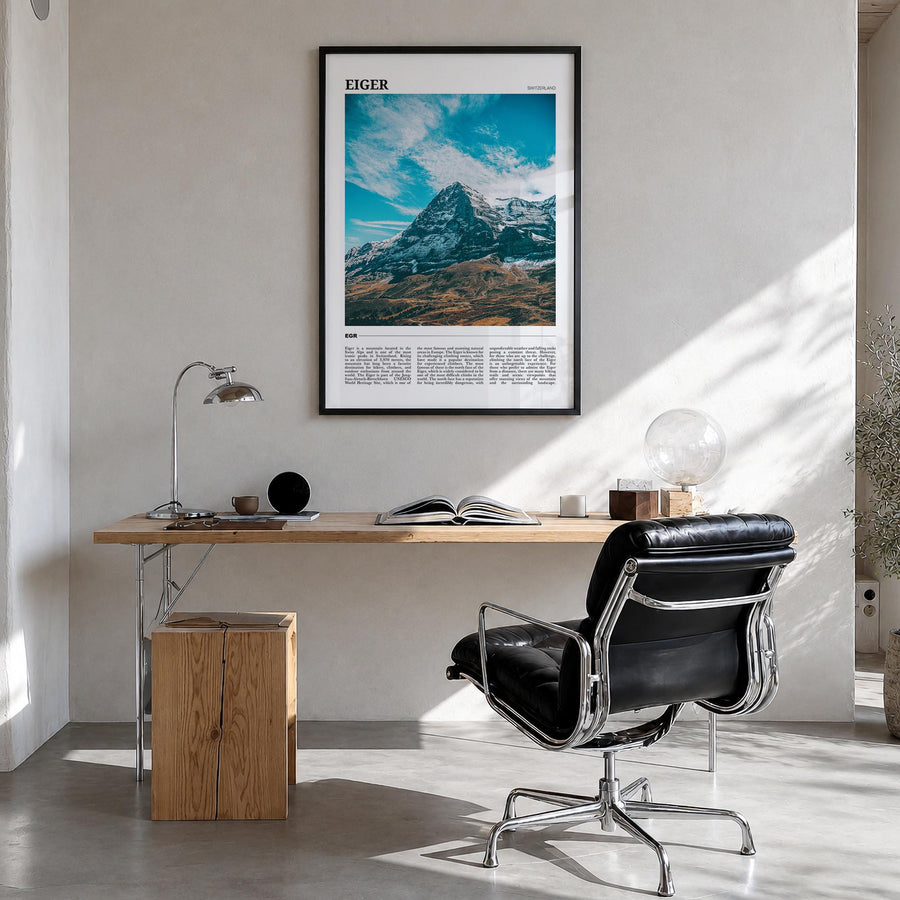 Eiger colorful travel poster of Switzerland – vertical wall art in black wood frame, hanging on wall
