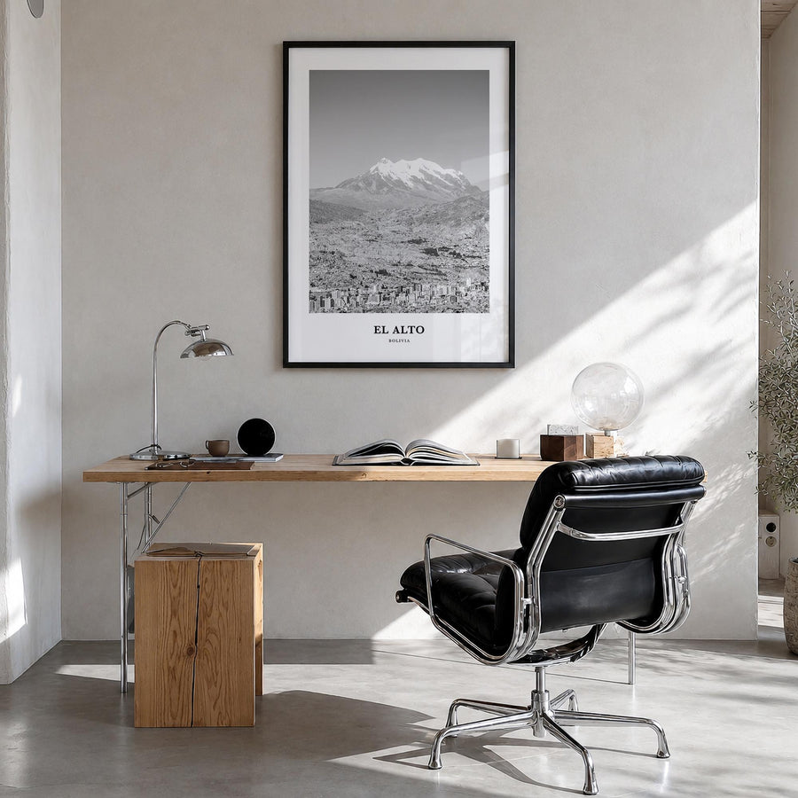 El Alto black & white classic poster of Bolivia – vertical wall art in black wood frame, hanging on wall