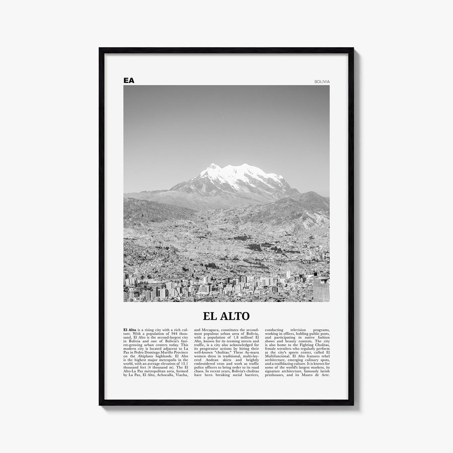 El Alto black & white newspaper poster of Bolivia – vertical wall art, unframed print shown in interior mockup