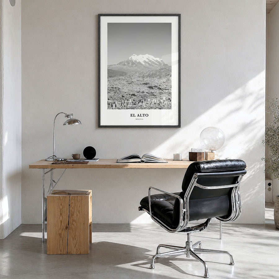 El Alto Classic Poster in a black wood frame, hanging in a bright home office