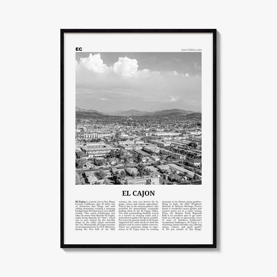 El Cajon black & white newspaper poster of California, USA – vertical wall art, unframed print shown in interior mockup