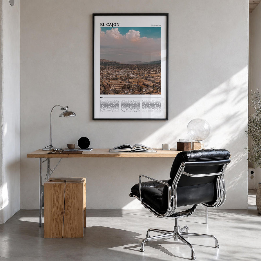 El Cajon colorful travel poster of California, USA – vertical wall art in black wood frame, hanging on wall