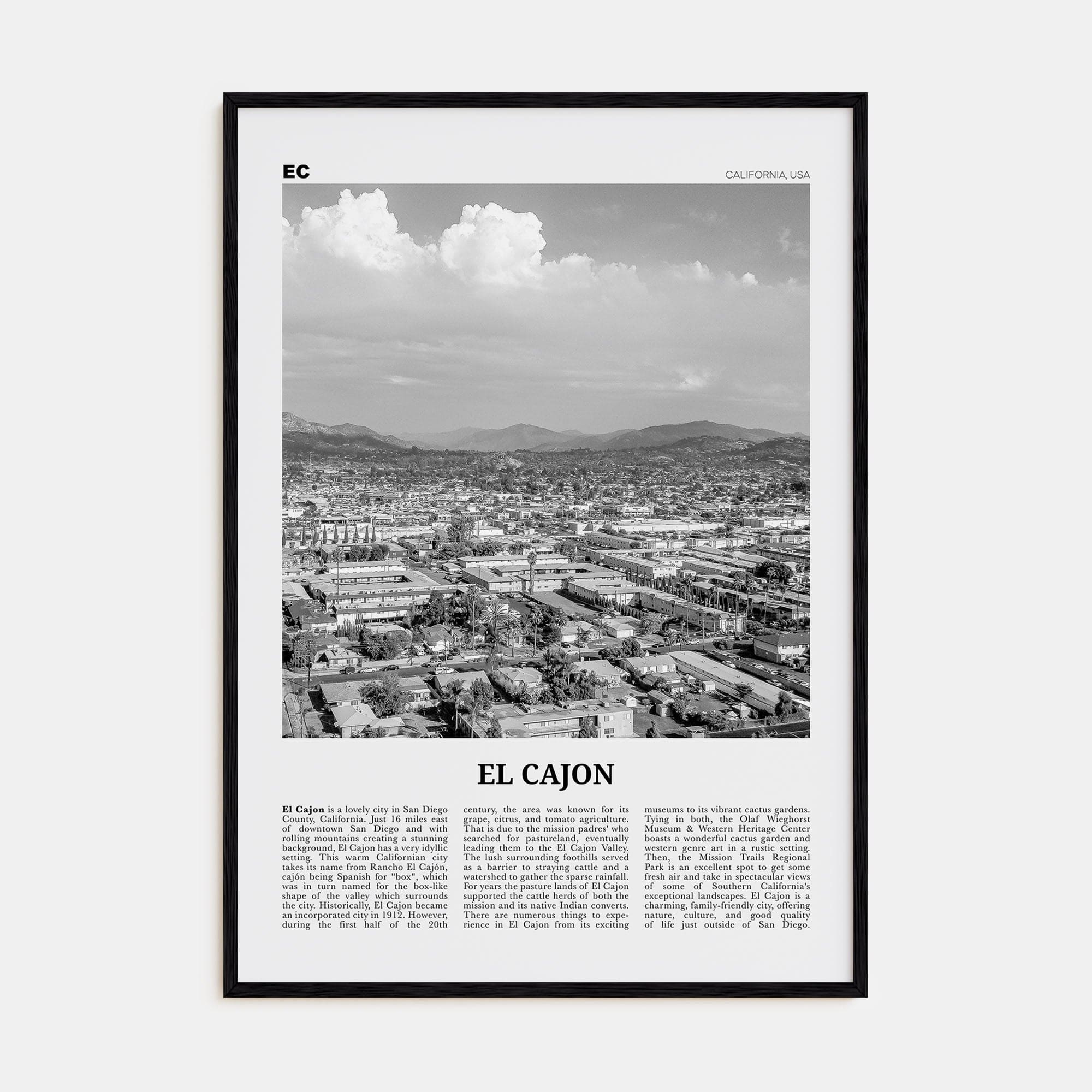 El Cajon Poster Black Wood / 8x12 in Nbourhood Travel B&W Poster