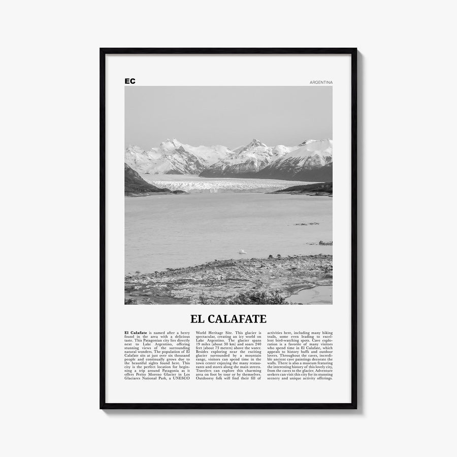 El Calafate black & white newspaper poster of Argentina – vertical wall art, unframed print shown in interior mockup