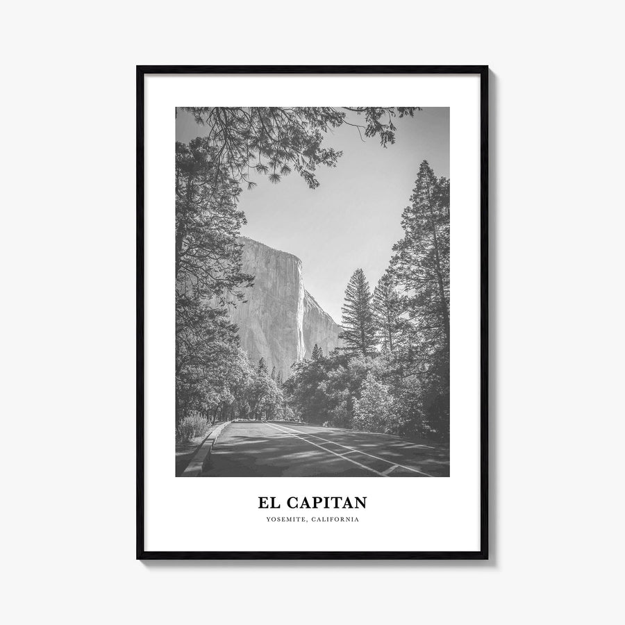 El Capitan black & white classic poster of Yosemite, California – vertical wall art, unframed print shown in interior mockup