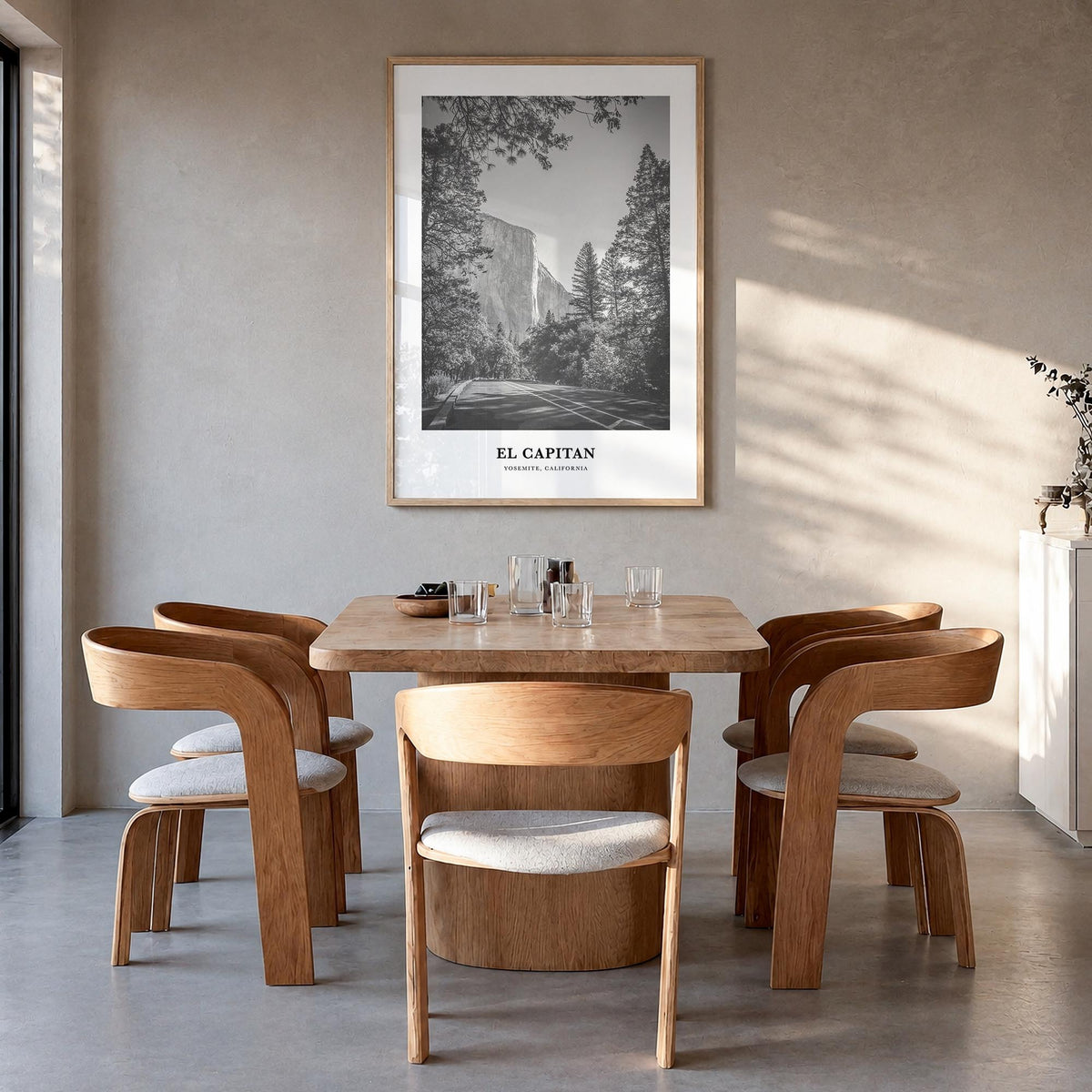 El Capitan black & white classic poster of Yosemite, California – vertical wall art in natural wood frame, hanging on wall