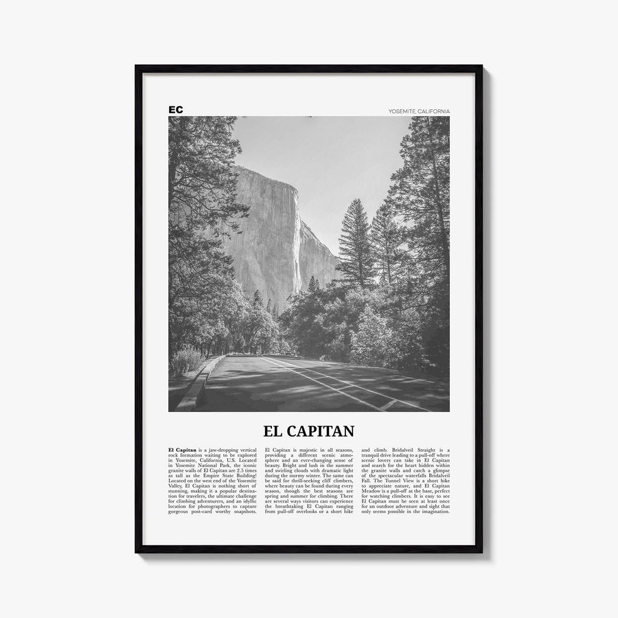 El Capitan black & white newspaper poster of Yosemite, California – vertical wall art, unframed print shown in interior mocku