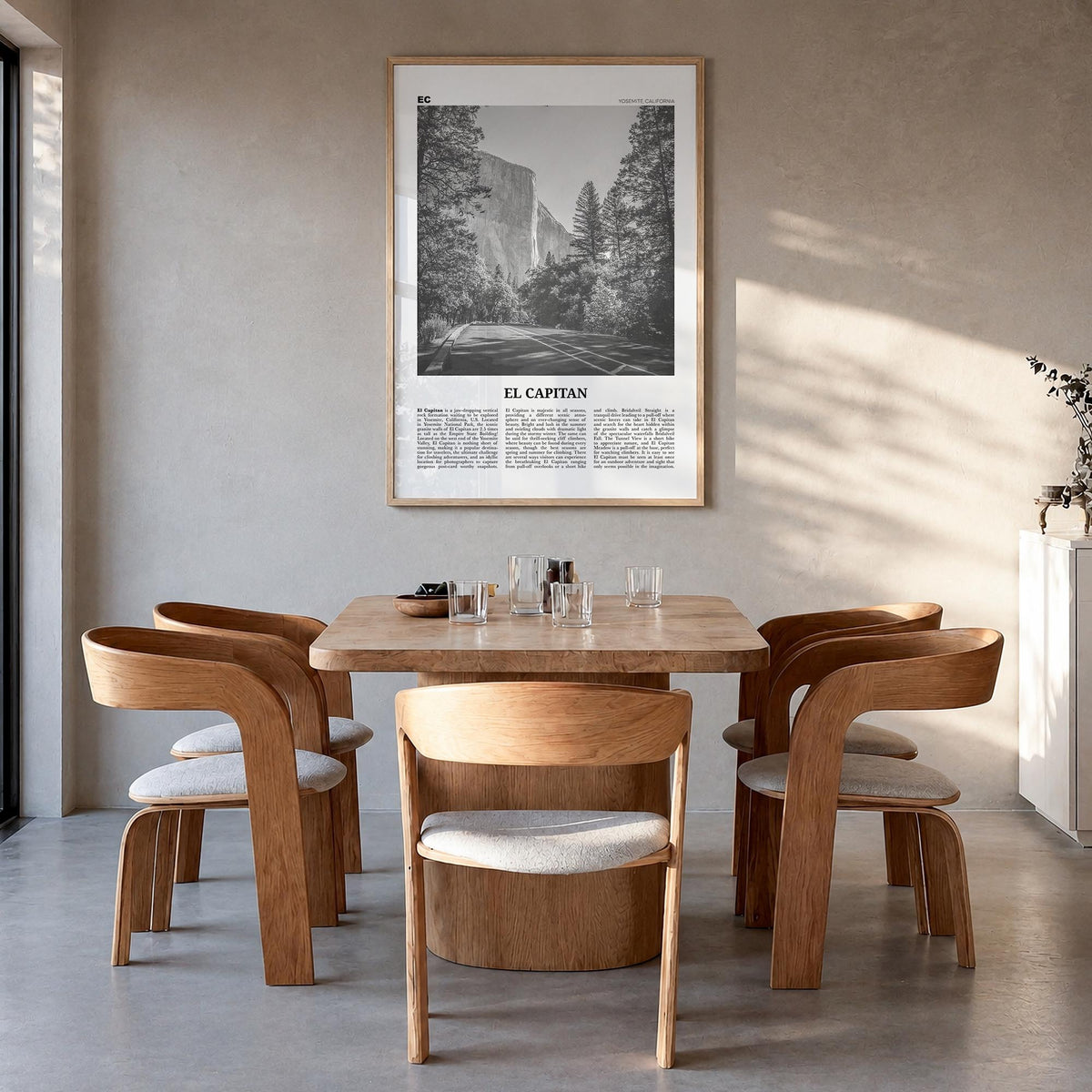 El Capitan black & white newspaper poster of Yosemite, California – vertical wall art in natural wood frame, hanging on wall