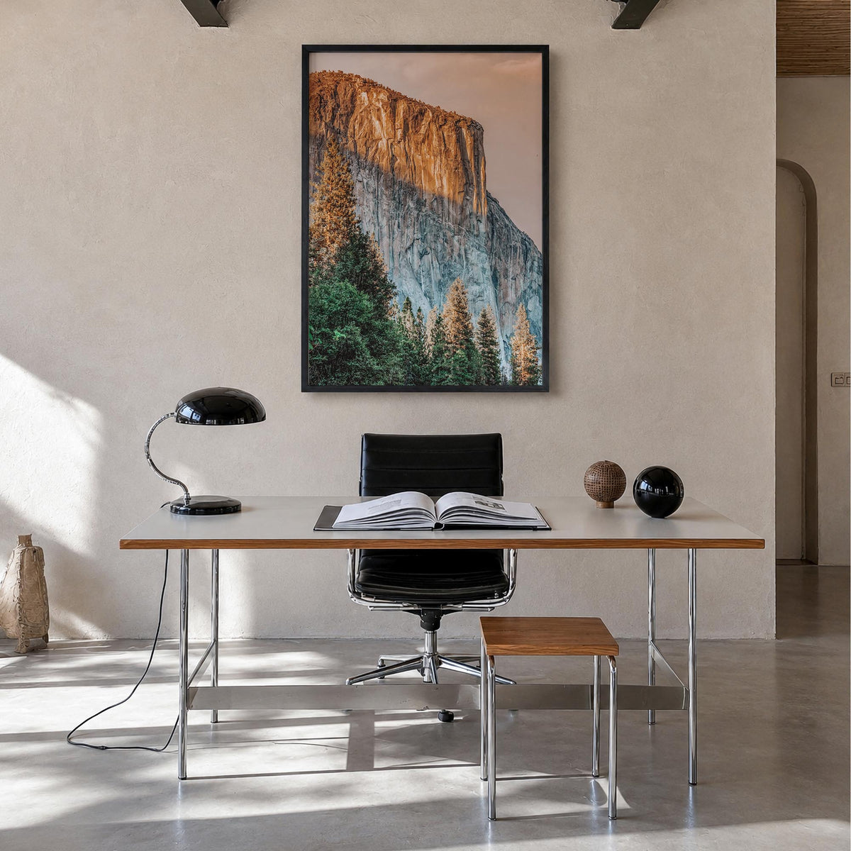 El Capitan colorful photo poster of Yosemite, California – vertical wall art in black wood frame, hanging on wall