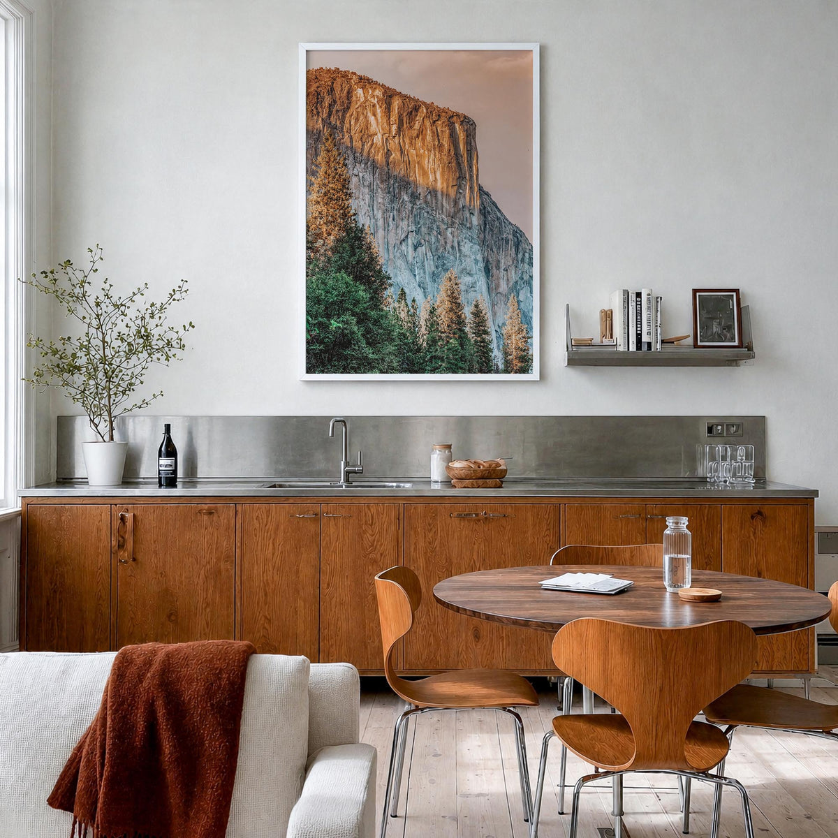 El Capitan colorful photo poster of Yosemite, California – vertical wall art in white wood frame, hanging on wall