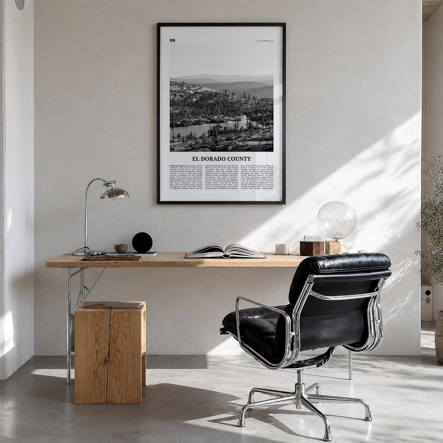 El Dorado County black & white newspaper poster of California, USA – vertical wall art in black wood frame, hanging on wall