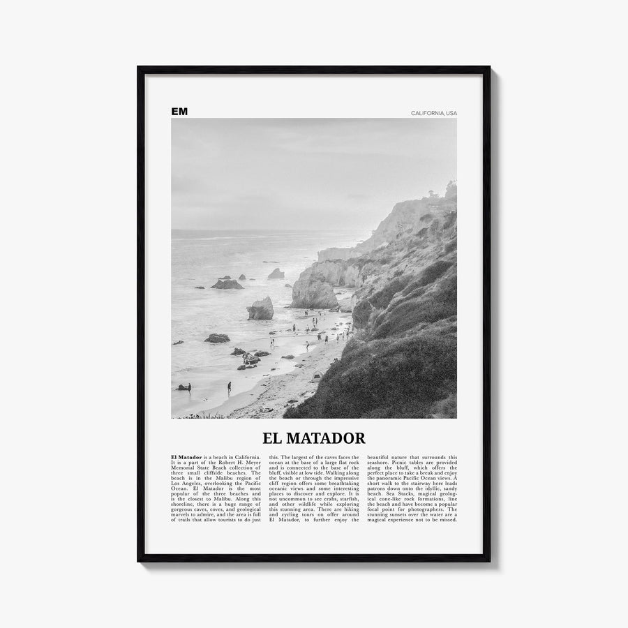 El Matador black & white newspaper poster of California, USA – vertical wall art, unframed print shown in interior mockup