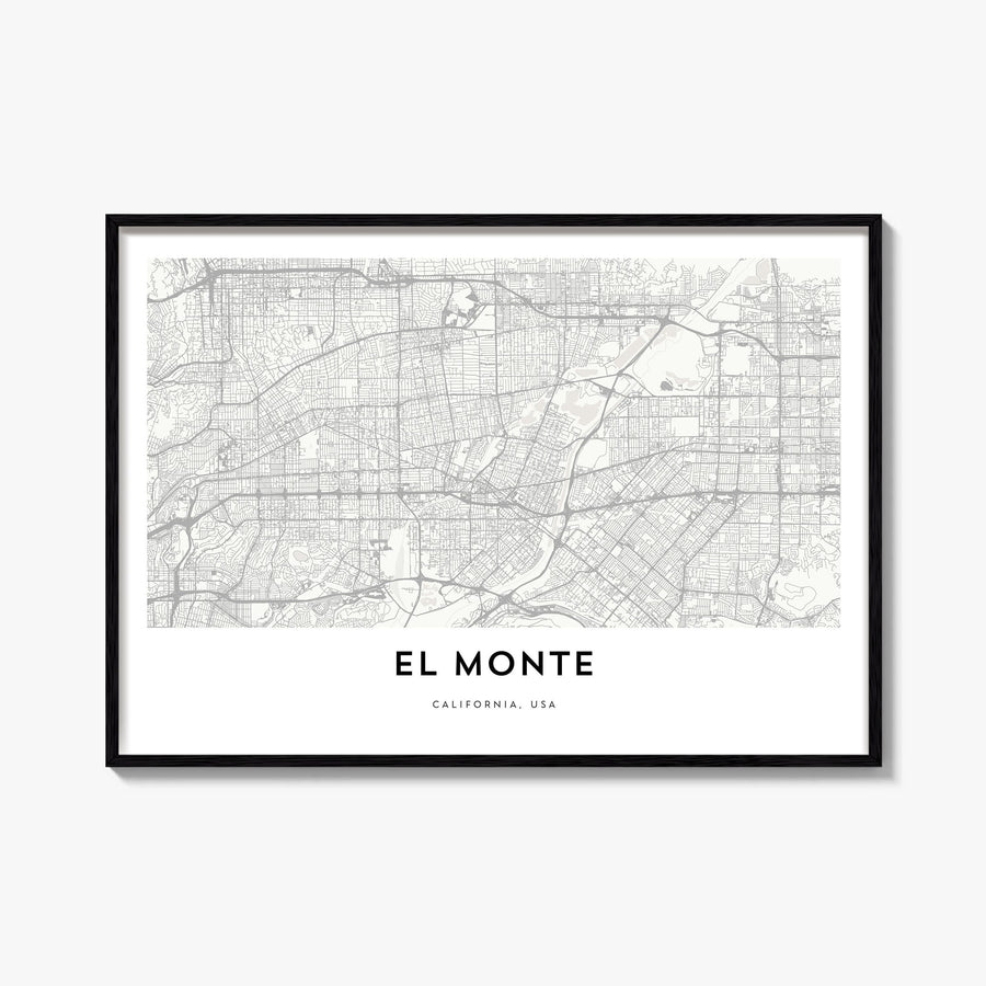 El Monte black & white map poster of California, USA – horizontal wall art, unframed print shown in interior mockup
