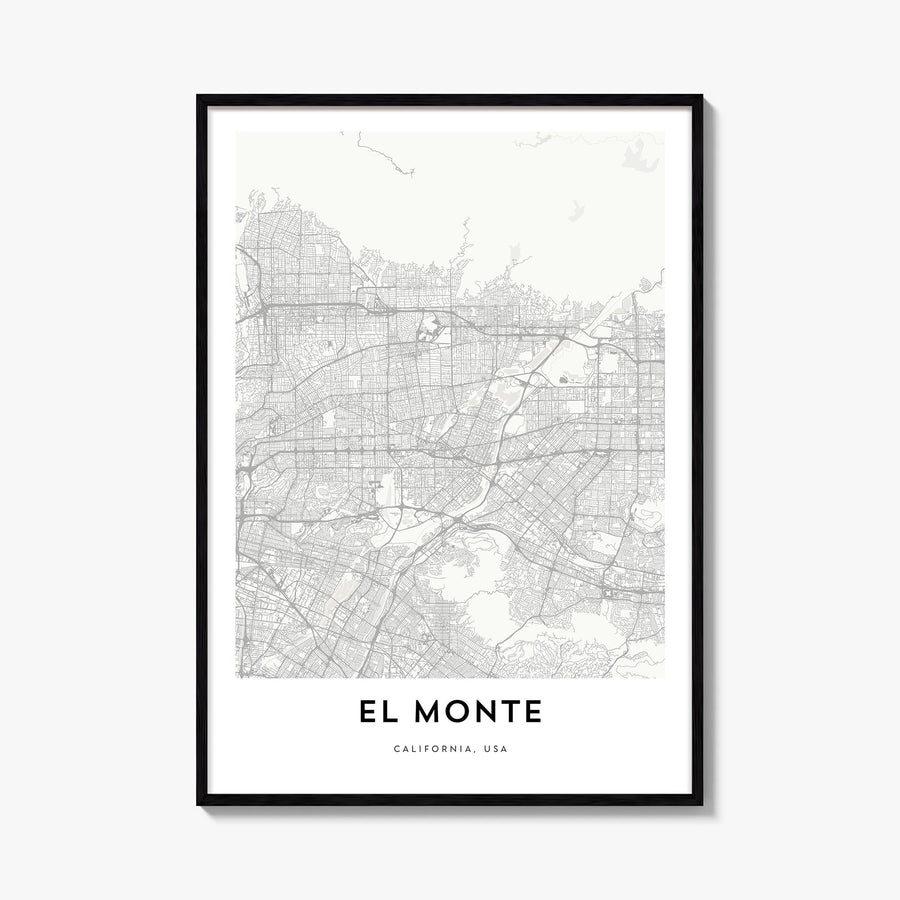 El Monte black & white map poster of California, USA – vertical wall art, unframed print shown in interior mockup