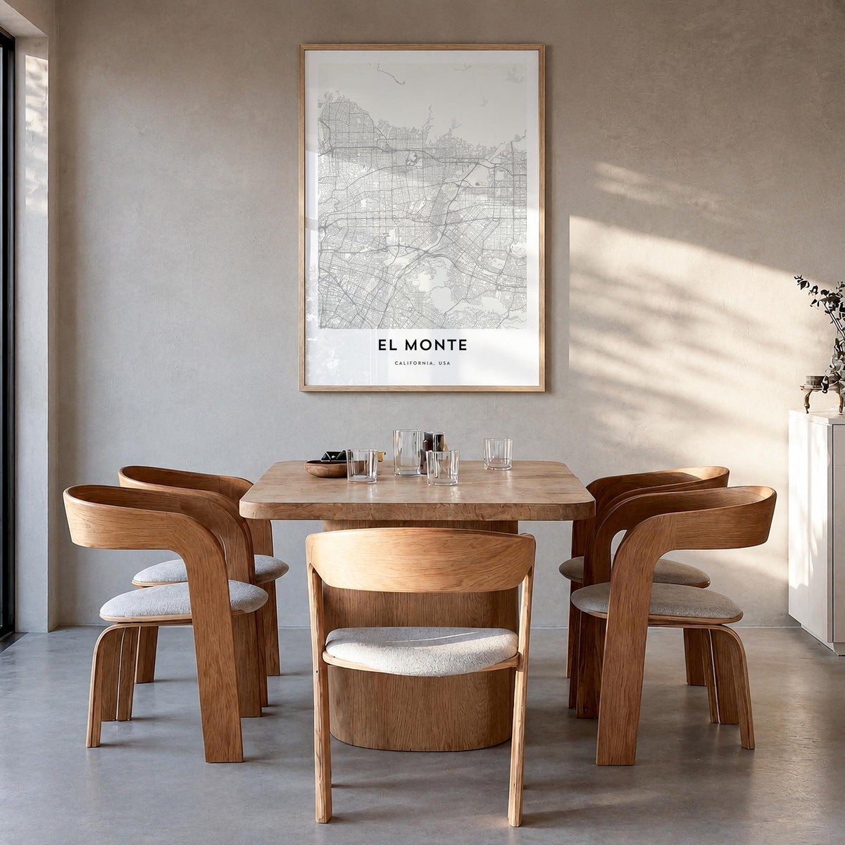 El Monte black & white map poster of California, USA – vertical wall art in natural wood frame, hanging on wall