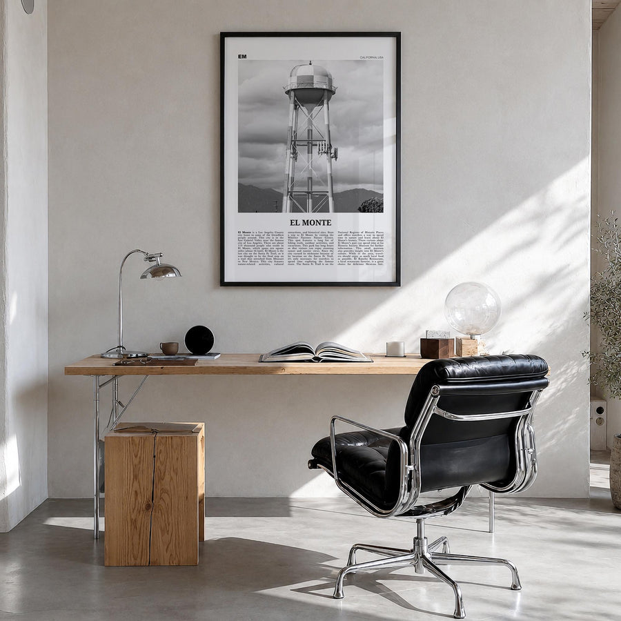 El Monte no. 2 black & white newspaper poster of California, USA – vertical wall art in black wood frame, hanging on wall