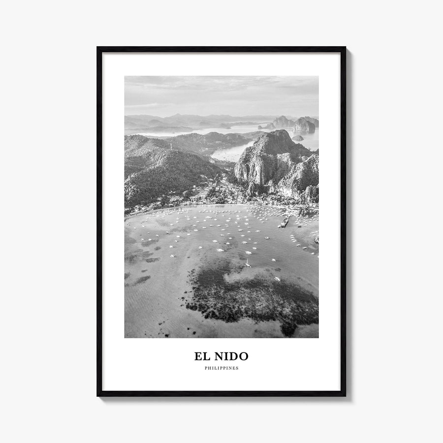 El Nido black & white classic poster of Philippines – vertical wall art, unframed print shown in interior mockup