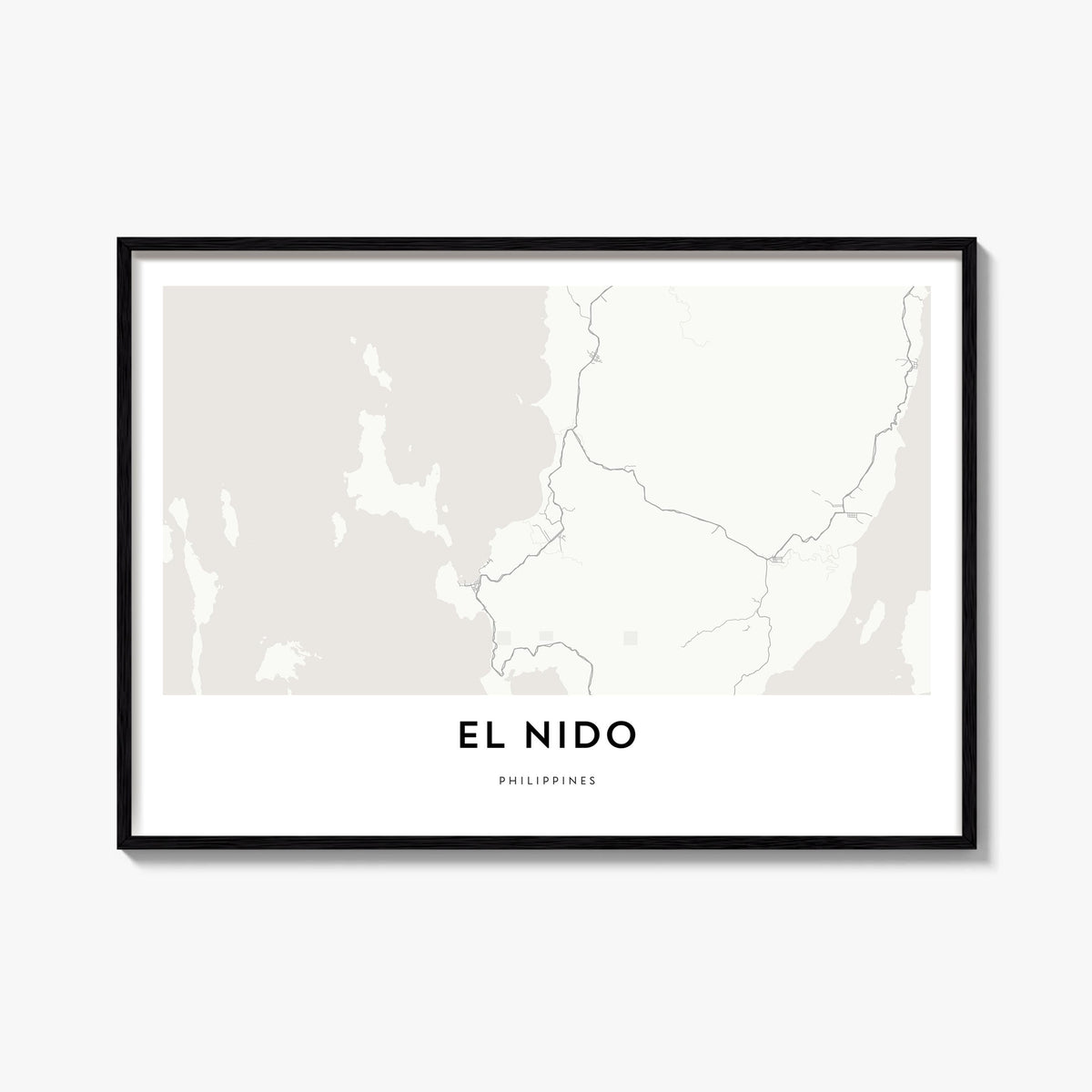 El Nido black & white map poster of Philippines – horizontal wall art, unframed print shown in interior mockup