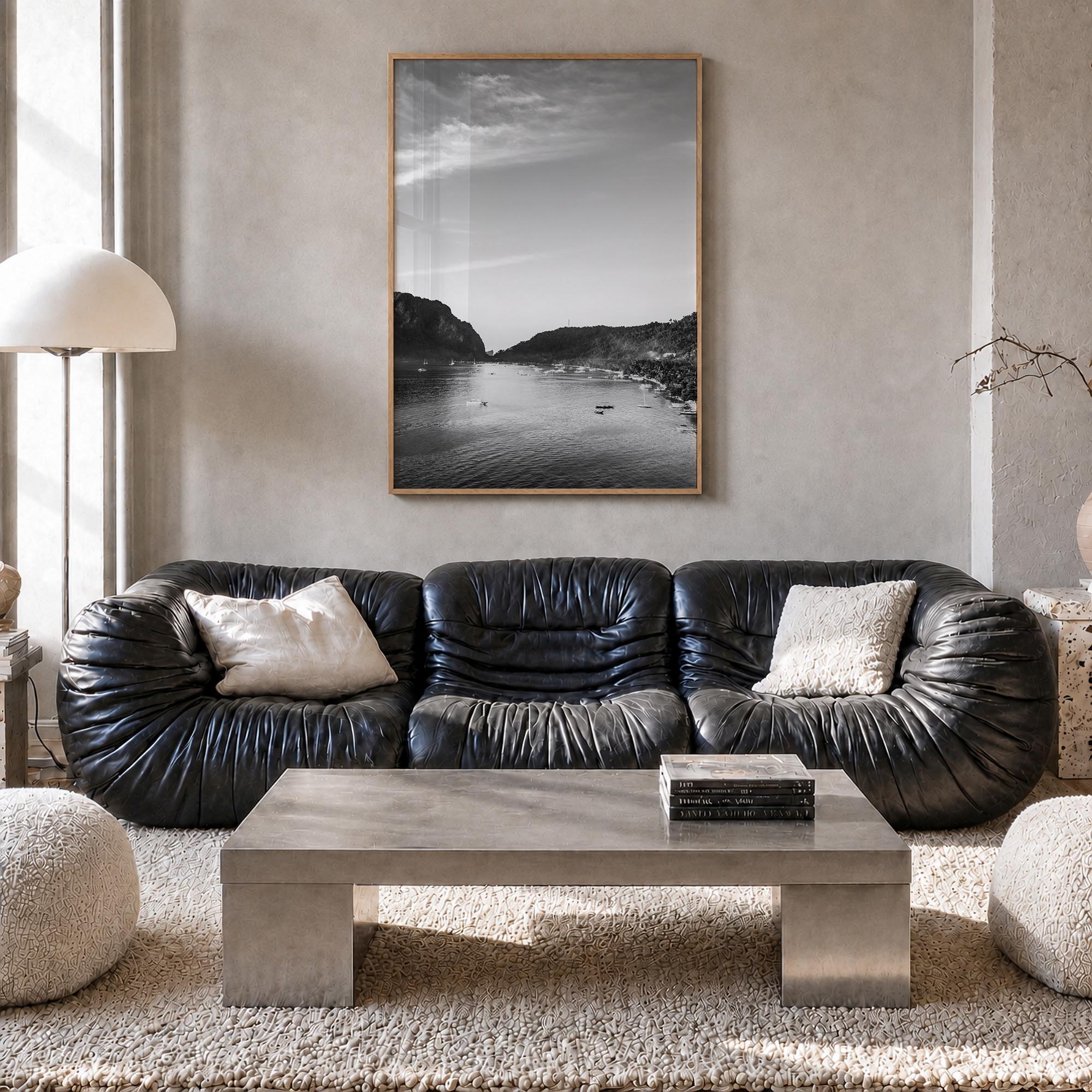 El Nido black & white photo poster of Philippines – vertical wall art in natural wood frame, hanging on wall