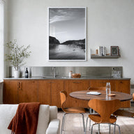 El Nido black & white photo poster of Philippines – vertical wall art in white wood frame, hanging on wall