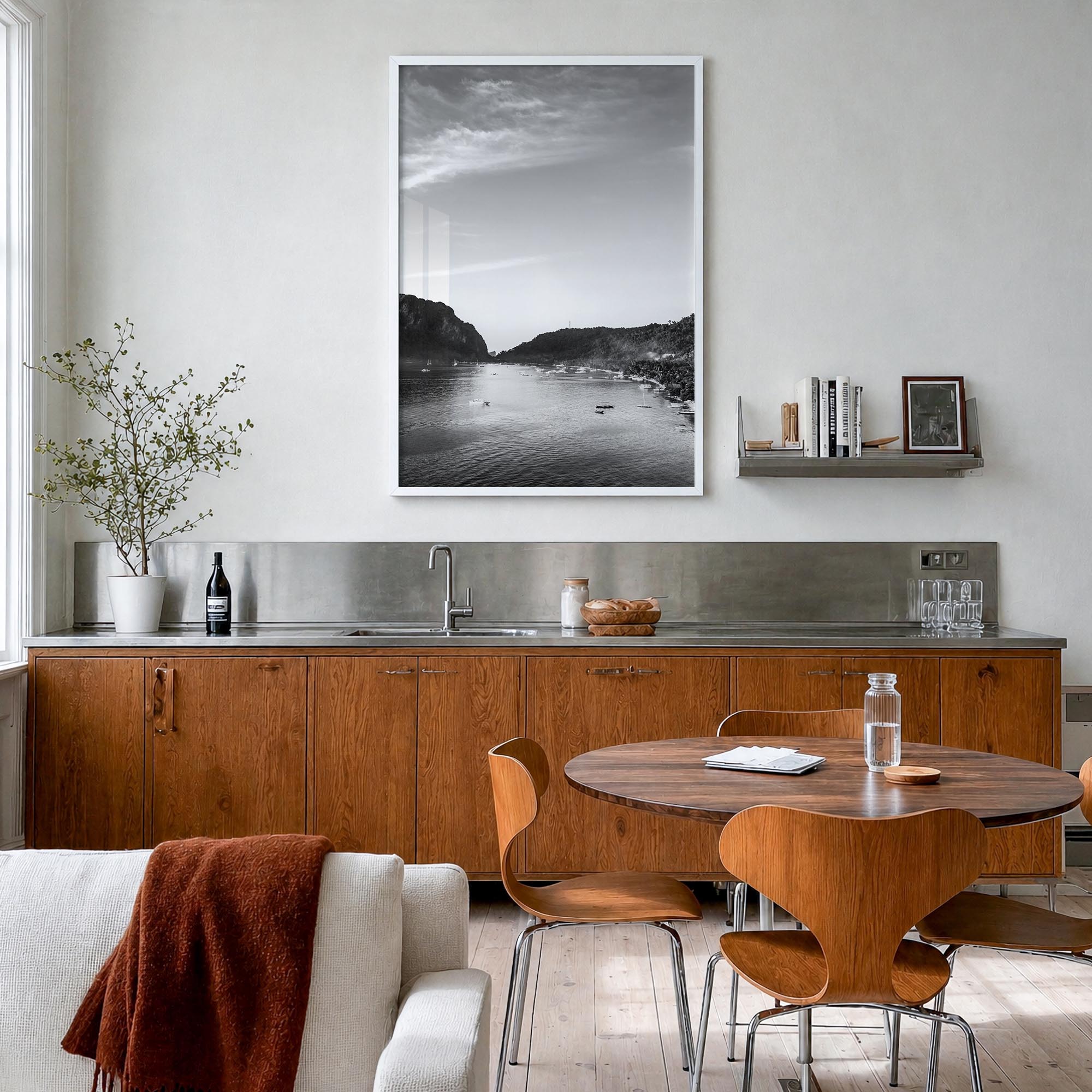 El Nido black & white photo poster of Philippines – vertical wall art in white wood frame, hanging on wall