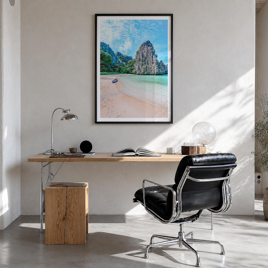El Nido colorful photo poster of Philippines – vertical wall art in black wood frame with white border, hanging on wall
