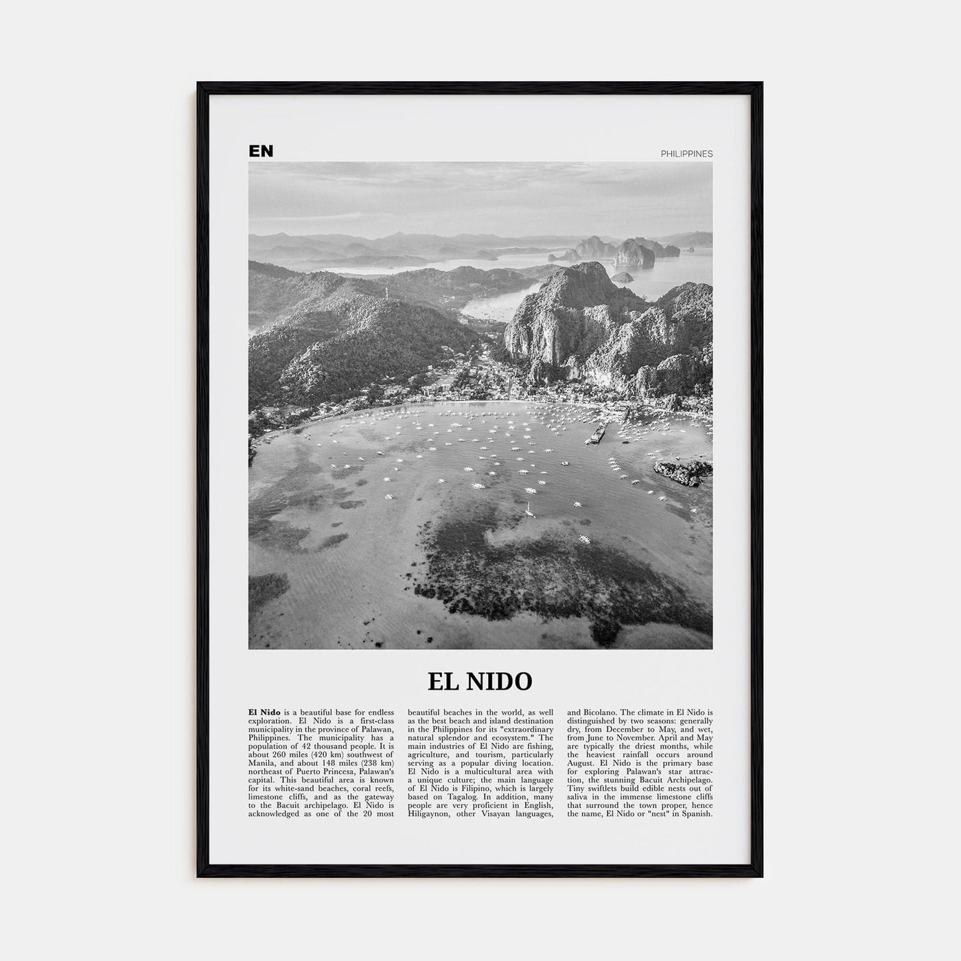 El Nido Poster Black Wood / 8x12 in Nbourhood Travel B&W Poster