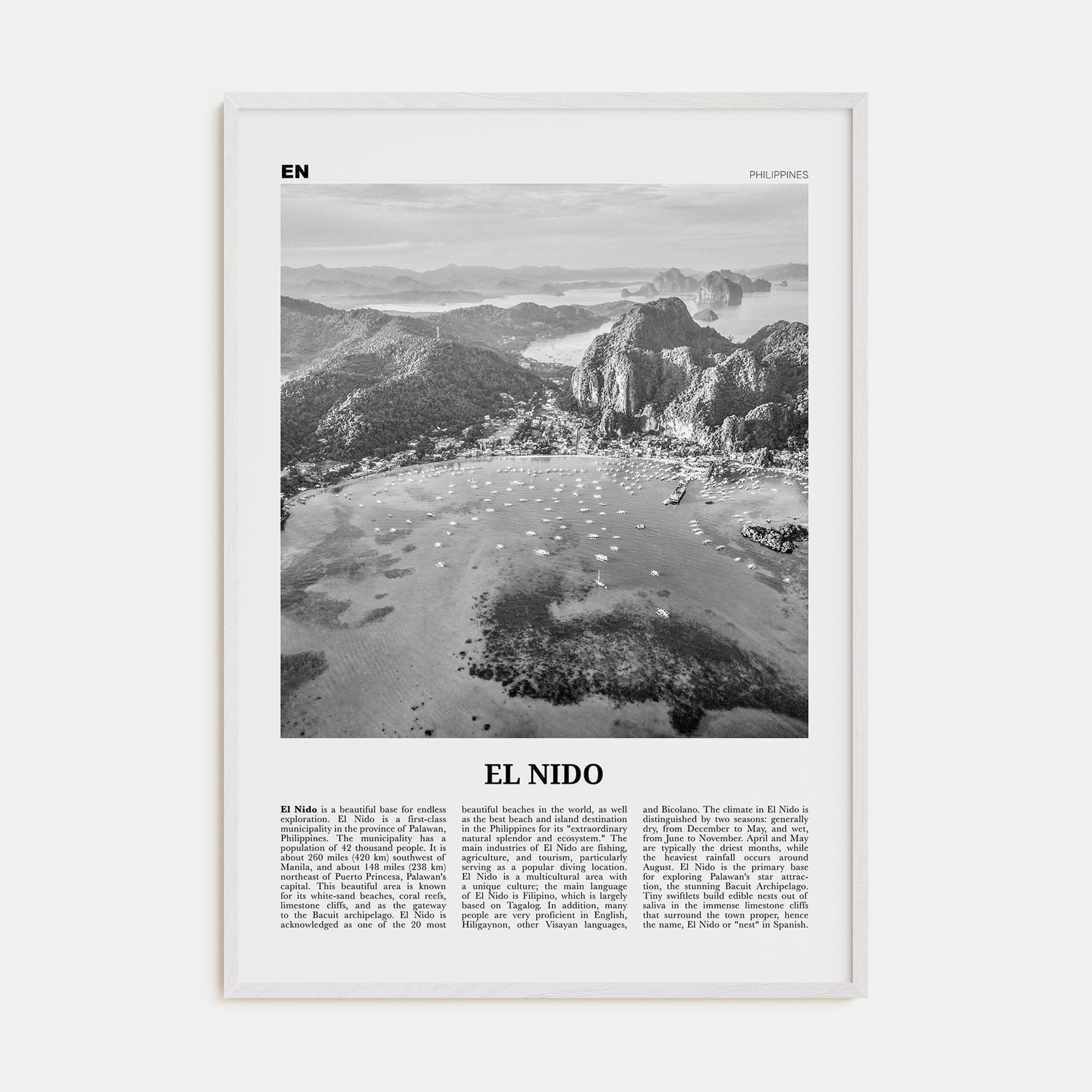 El Nido Poster White Wood / 8x12 in Nbourhood Travel B&W Poster