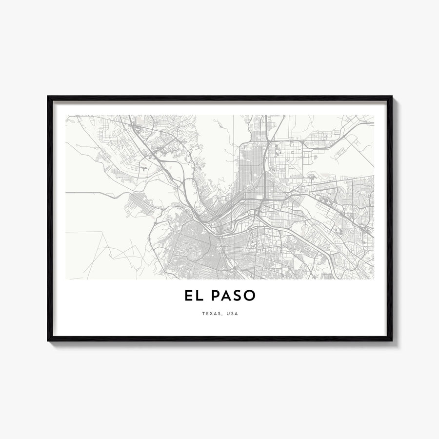 El Paso black & white map poster of Texas, USA – horizontal wall art, unframed print shown in interior mockup