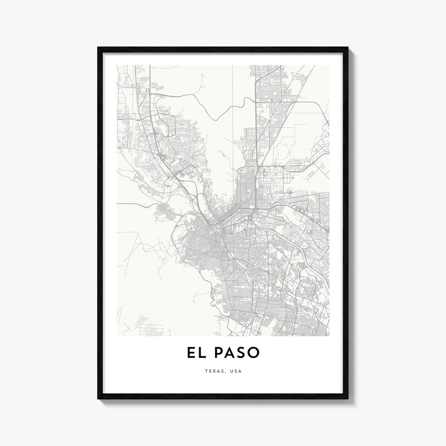 El Paso black & white map poster of Texas, USA – vertical wall art, unframed print shown in interior mockup