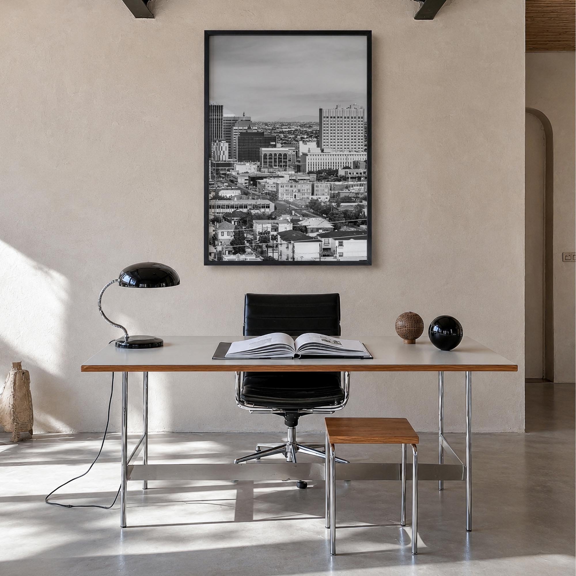 El Paso black & white photo poster of Texas, USA – vertical wall art in black wood frame, hanging on wall