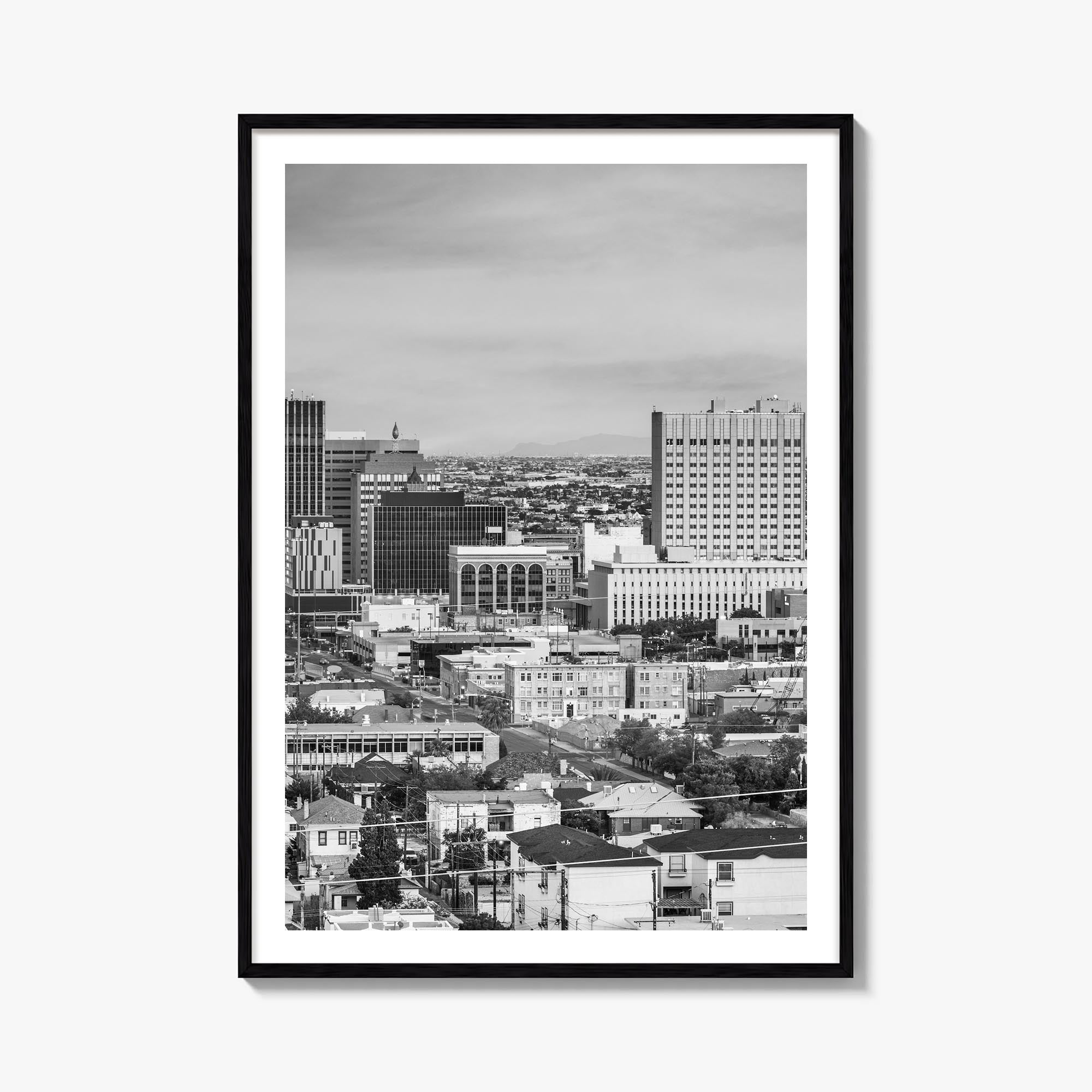 El Paso black & white photo poster of Texas, USA – vertical wall art, unframed print shown in interior mockup
