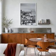 El Paso black & white photo poster of Texas, USA – vertical wall art in white wood frame, hanging on wall