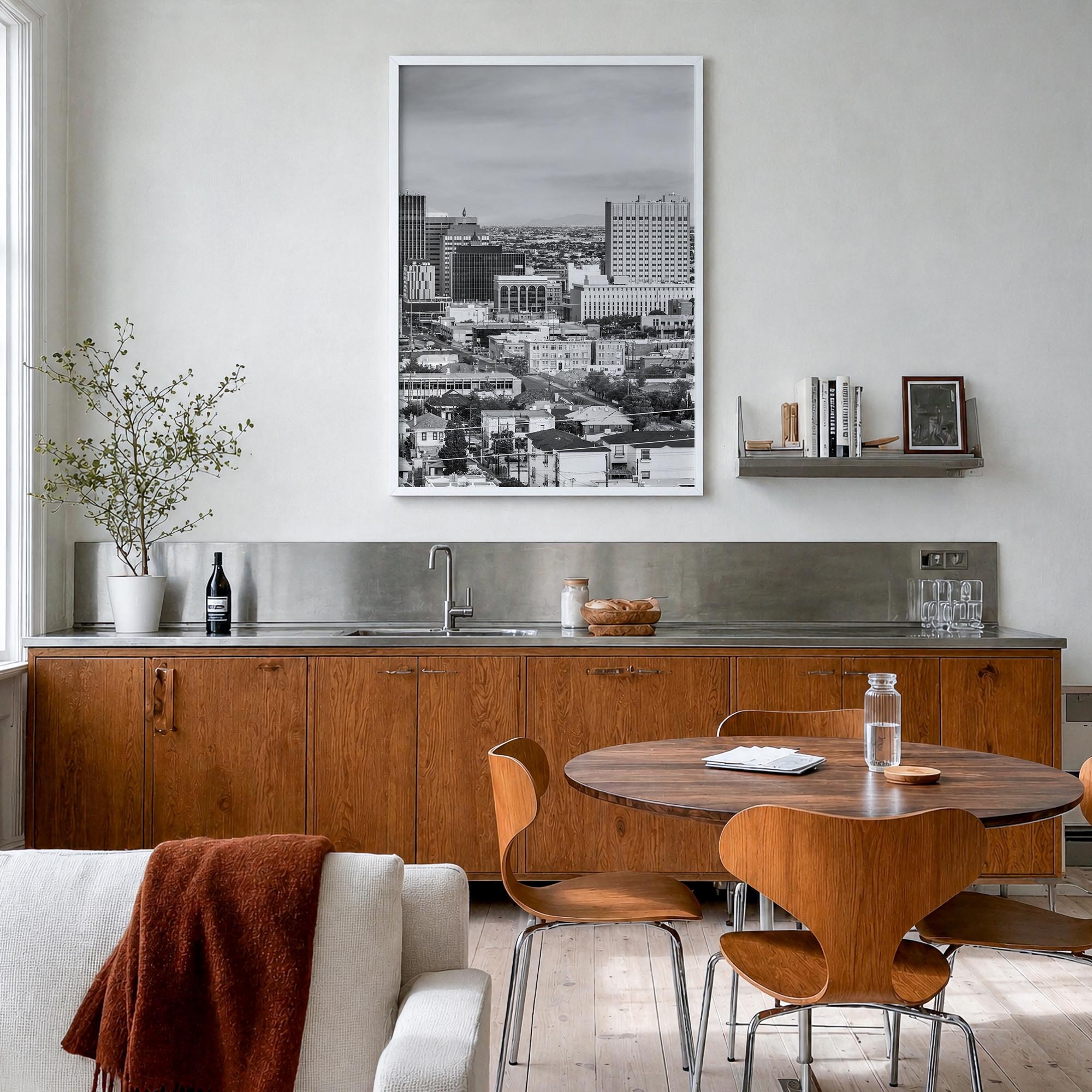 El Paso black & white photo poster of Texas, USA – vertical wall art in white wood frame, hanging on wall