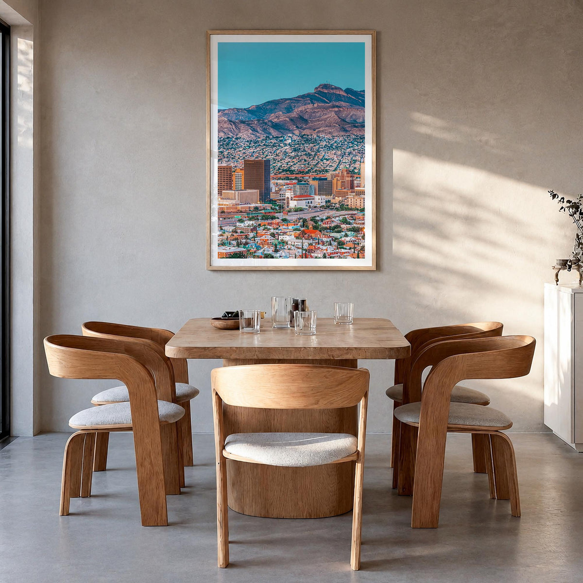 El Paso colorful photo poster of Texas, USA – vertical wall art in natural wood frame with white border, hanging on wall