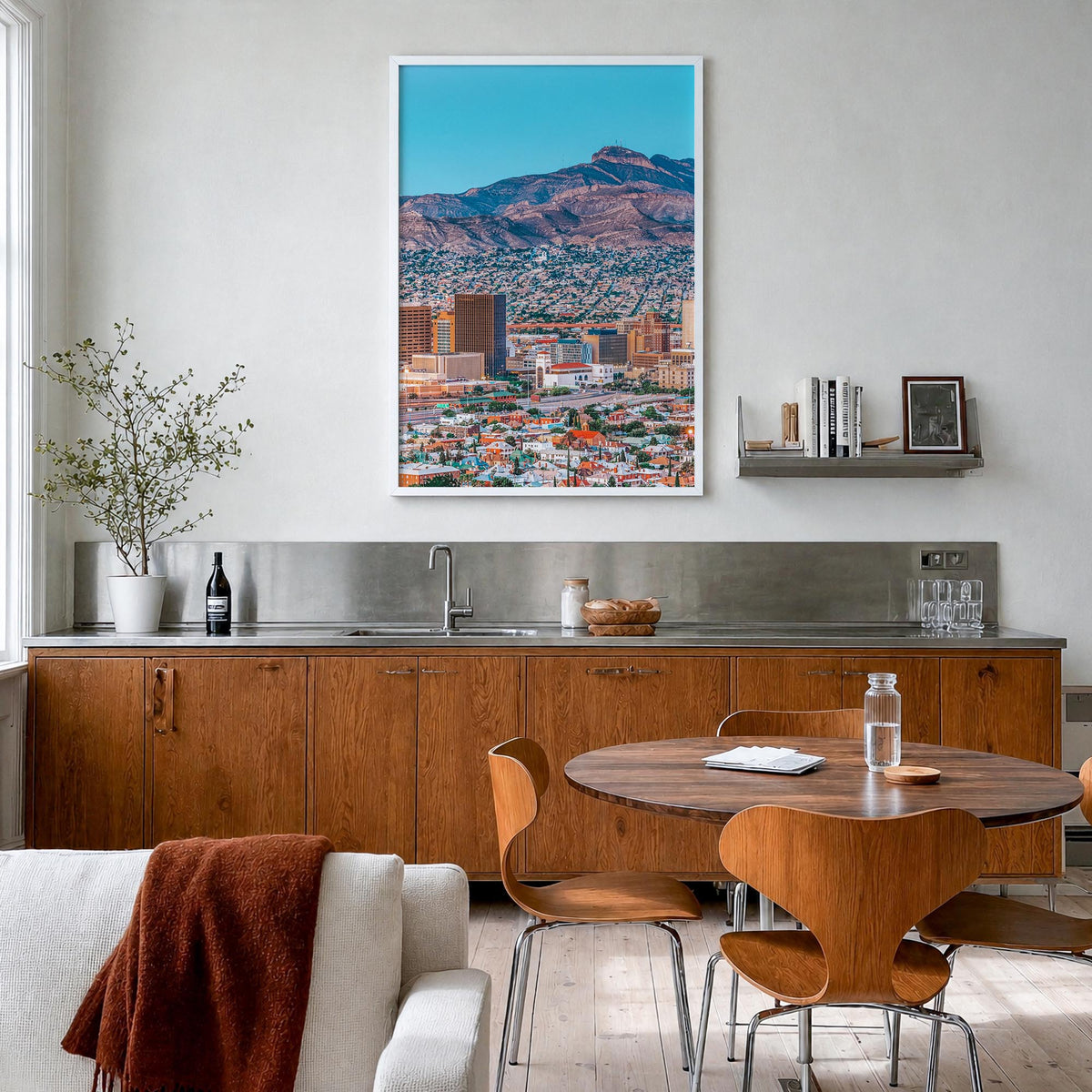 El Paso colorful photo poster of Texas, USA – vertical wall art in white wood frame, hanging on wall