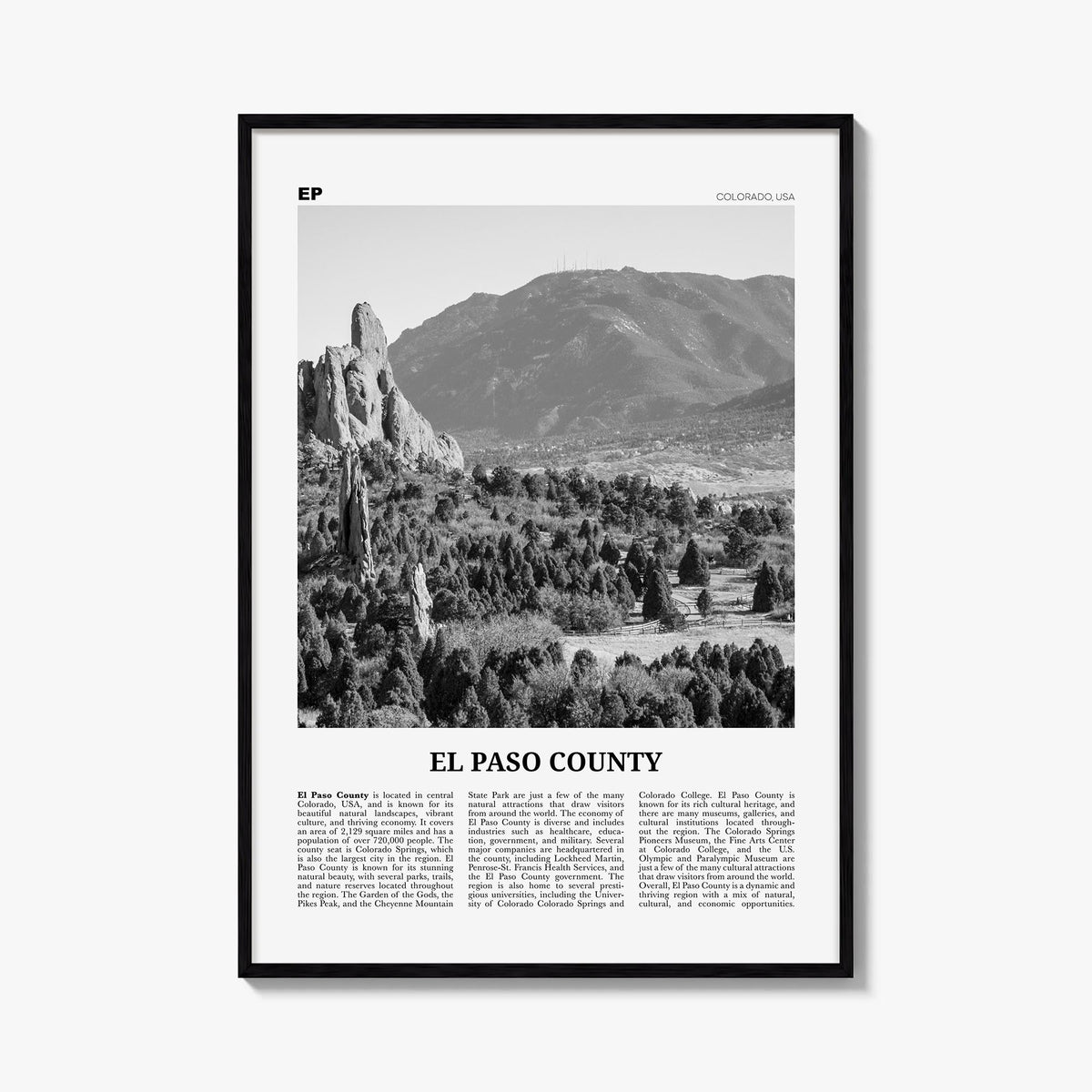 El Paso County black & white newspaper poster of Texas, USA – vertical wall art, unframed print shown in interior mockup
