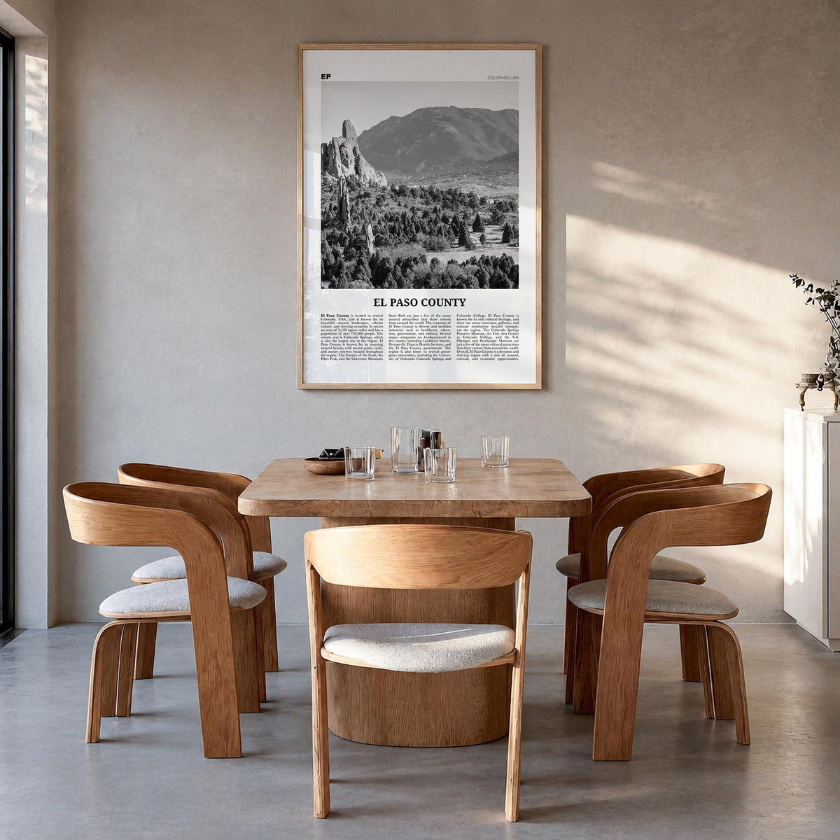 El Paso County black & white newspaper poster of Texas, USA – vertical wall art in natural wood frame, hanging on wall
