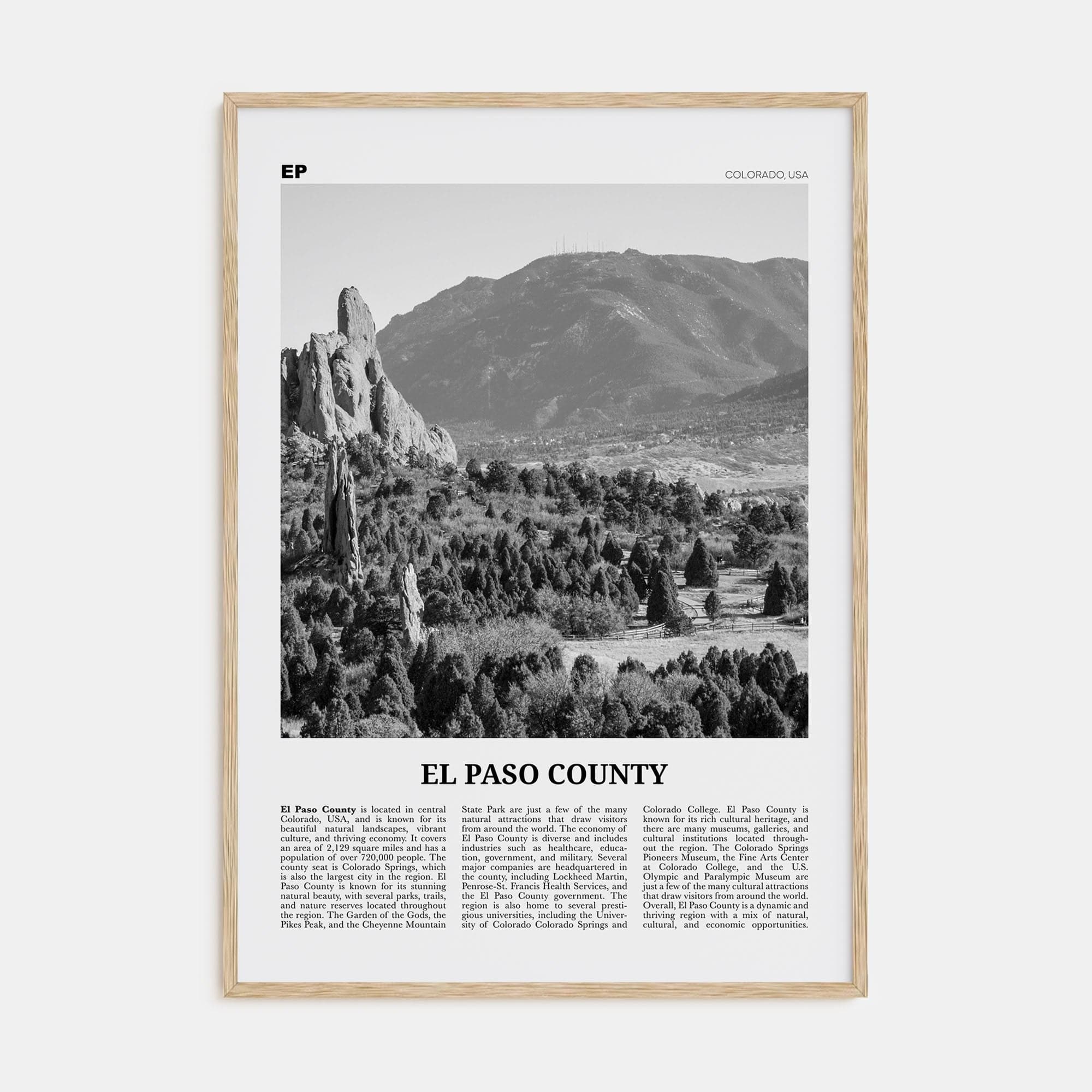 El Paso County Poster Natural Wood / 8x12 in Nbourhood Travel B&W Poster